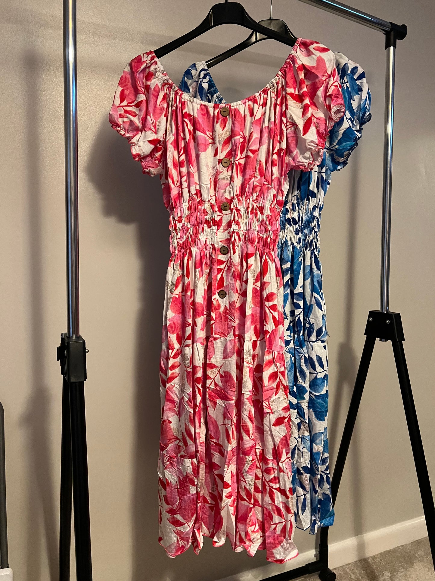 LEAF PRINT MIDI DRESS PINK
