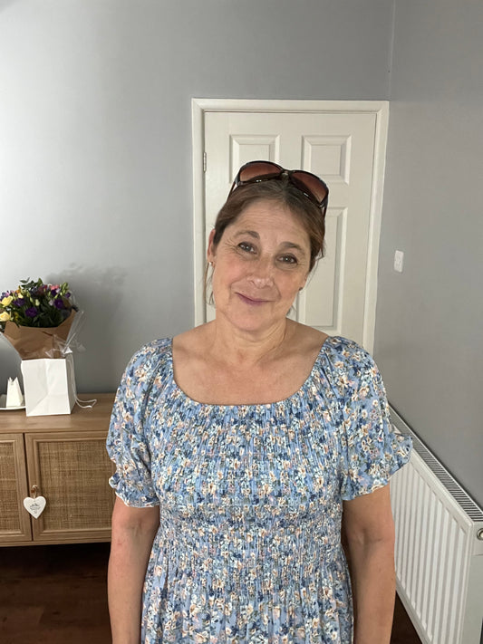 DITSY FLORAL SHIRRED DRESS PALE BLUE