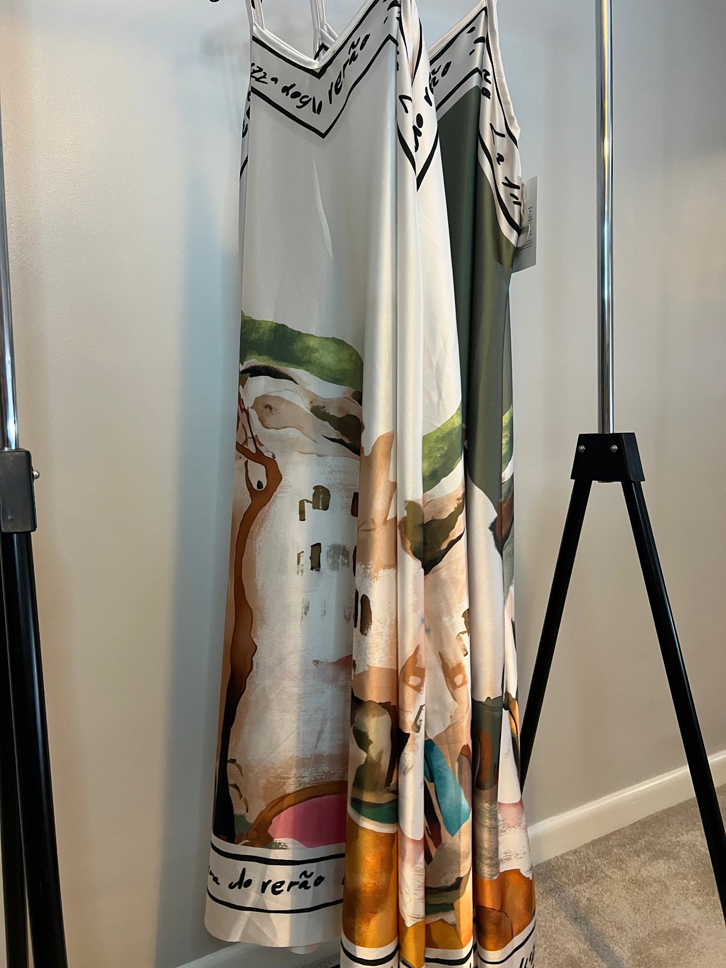 LANDSCAPE PRINT SATIN CAMI DRESS KHAKI