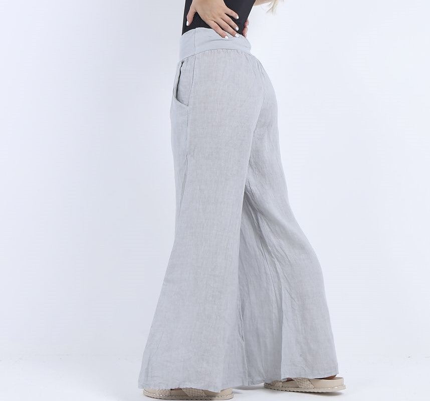 WIDE LEG LINEN TROUSERS IN LIGHT GREY