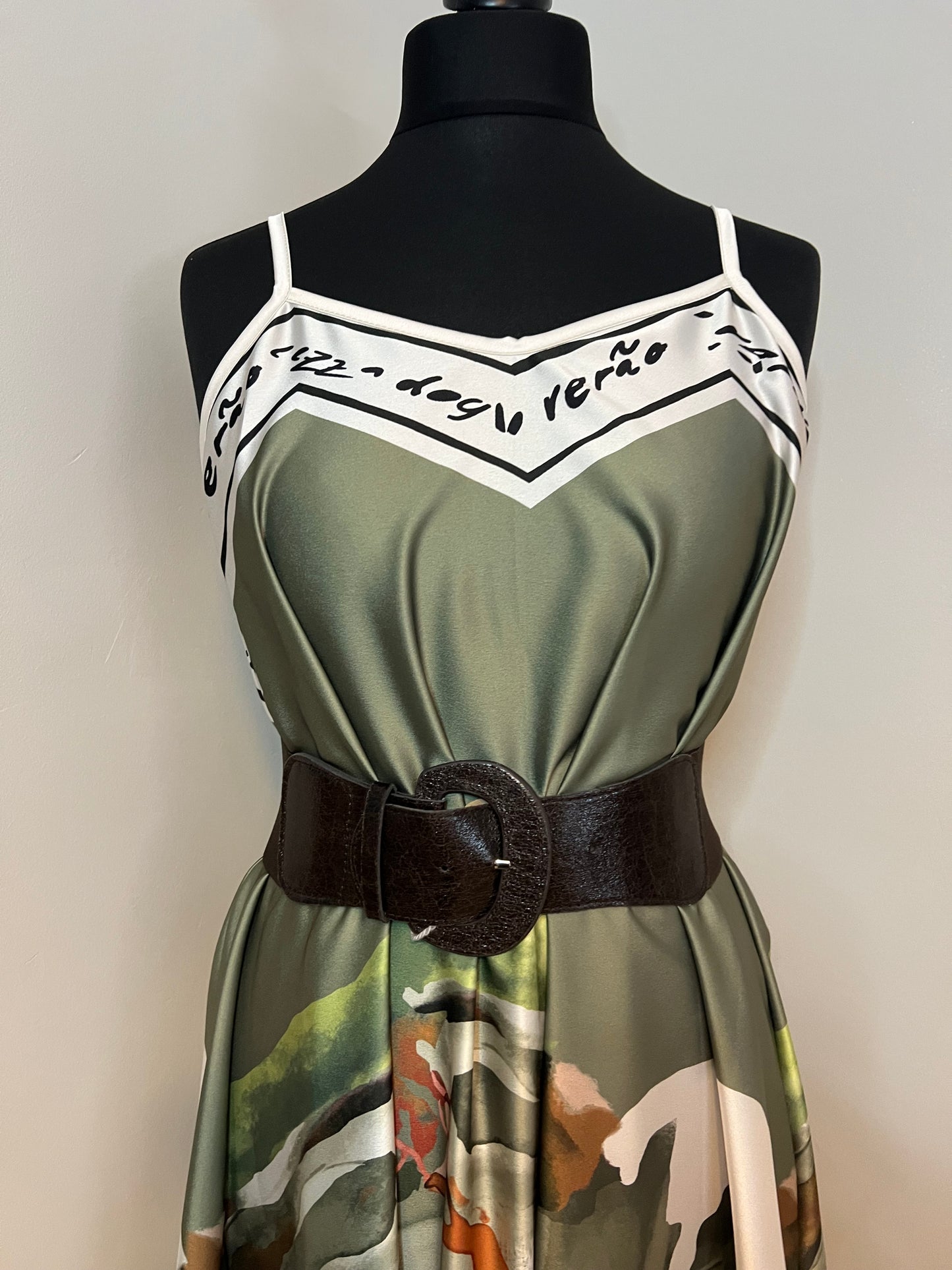 LANDSCAPE PRINT SATIN CAMI DRESS KHAKI