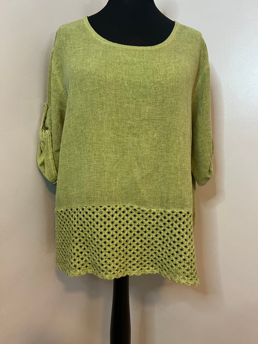 WASHED LINEN CROCHET HEM TOP LIME