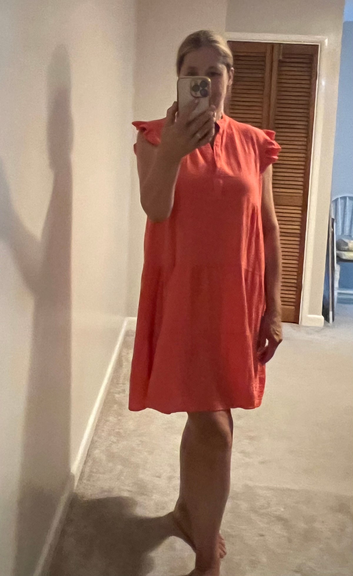 CHEESECLOTH FRILL SLEEVE DRESS CORAL/LIME