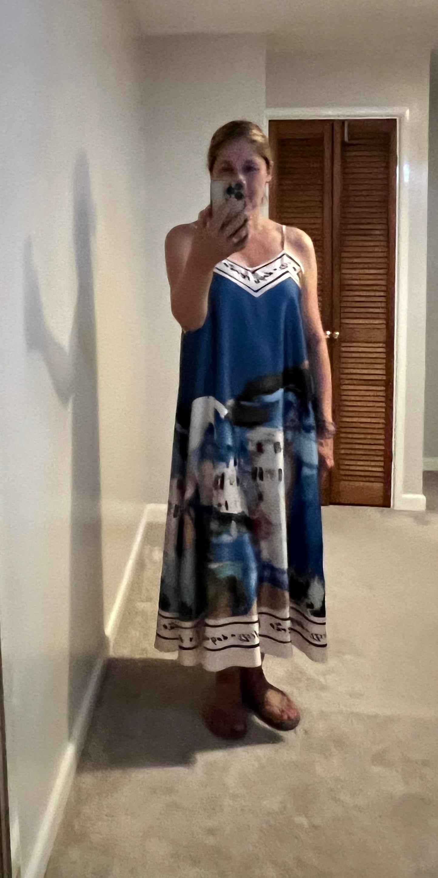 LANDSCAPE PRINT SATIN CAMI DRESS BLUE