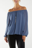 PUFFBALL NECKLACE TOP IN DENIM BLUE