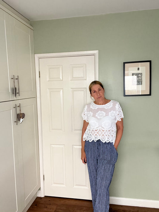 STRIPE WIDE LEG COTTON TROUSERS NAVY/KHAKI