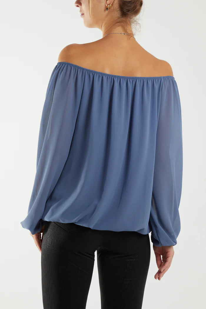 PUFFBALL NECKLACE TOP IN DENIM BLUE