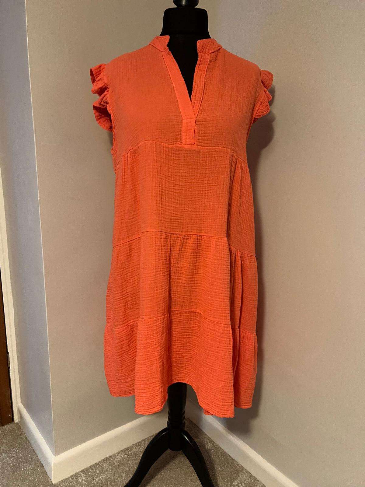 CHEESECLOTH FRILL SLEEVE DRESS CORAL/LIME