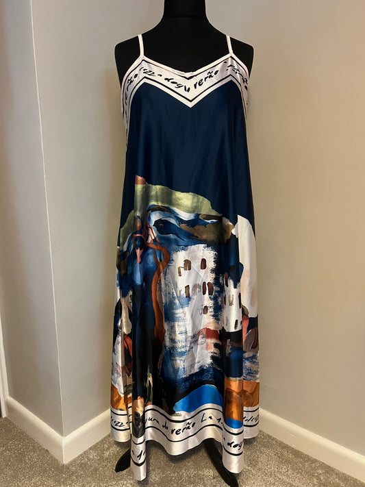 LANDSCAPE PRINT SATIN CAMI DRESS TEAL