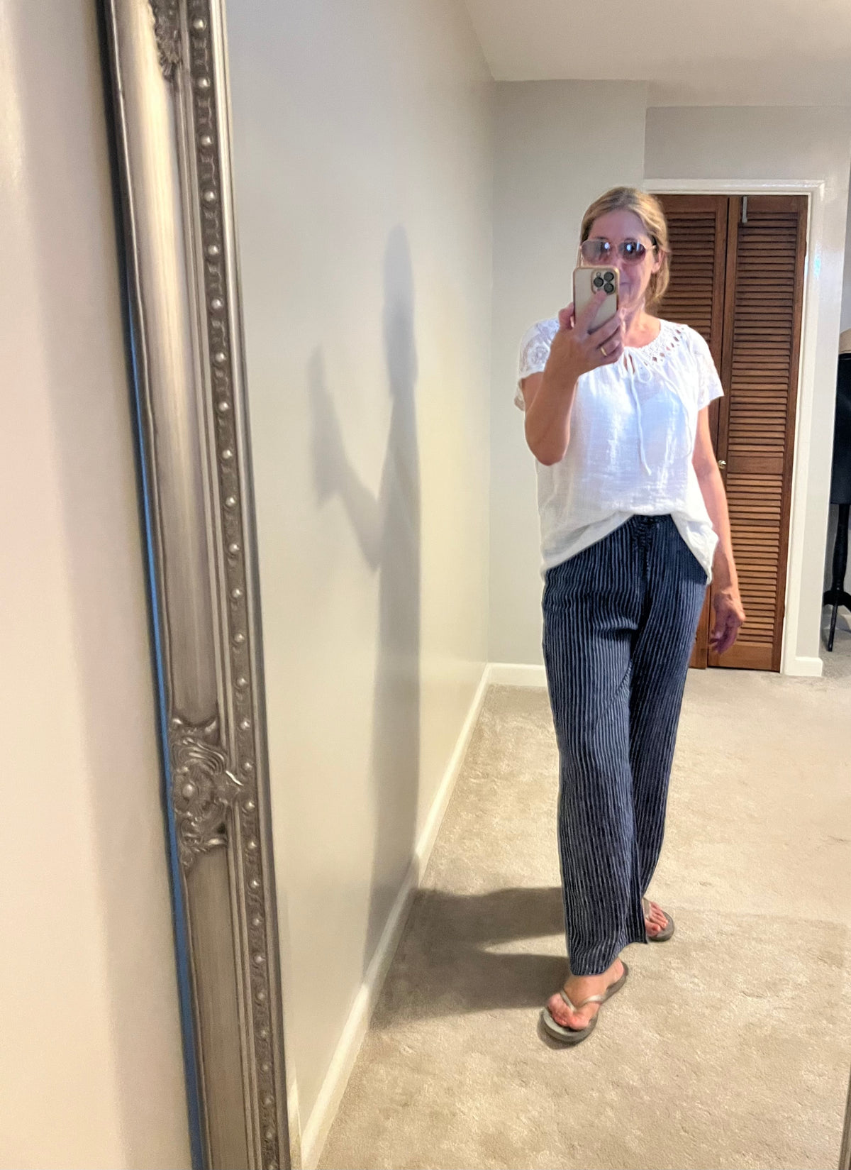 STRIPE WIDE LEG COTTON TROUSERS NAVY/KHAKI