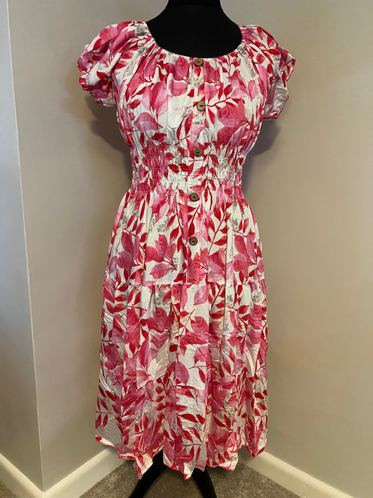 LEAF PRINT MIDI DRESS PINK