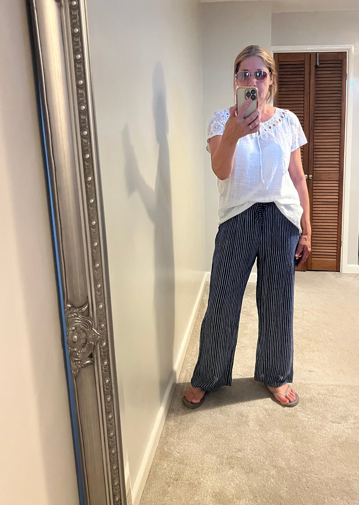 STRIPE WIDE LEG COTTON TROUSERS NAVY/KHAKI