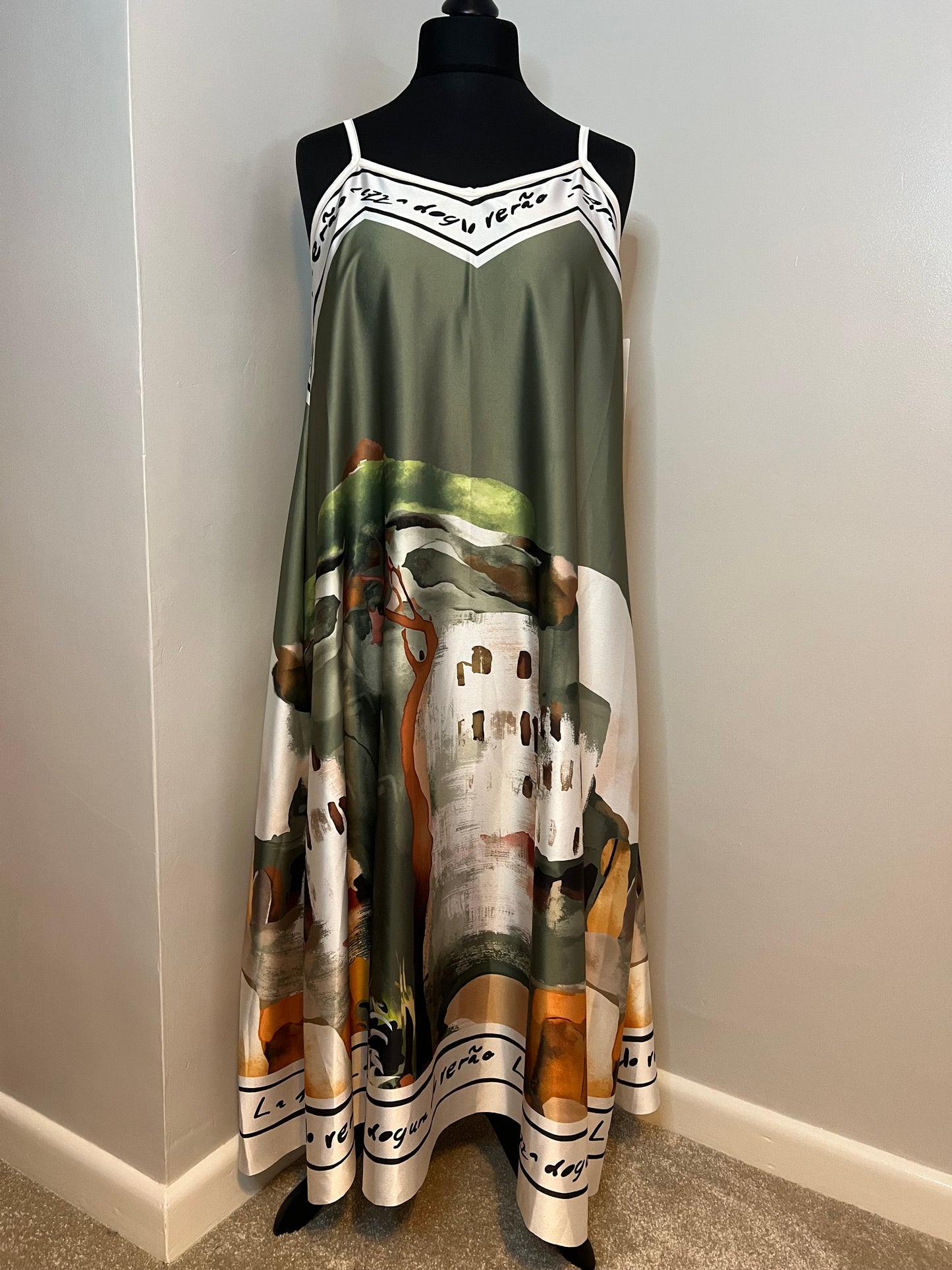 LANDSCAPE PRINT SATIN CAMI DRESS KHAKI