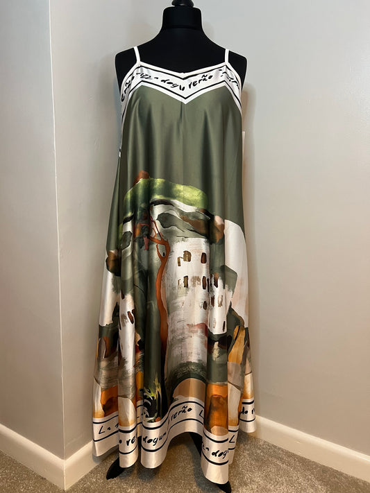 LANDSCAPE PRINT SATIN CAMI DRESS KHAKI