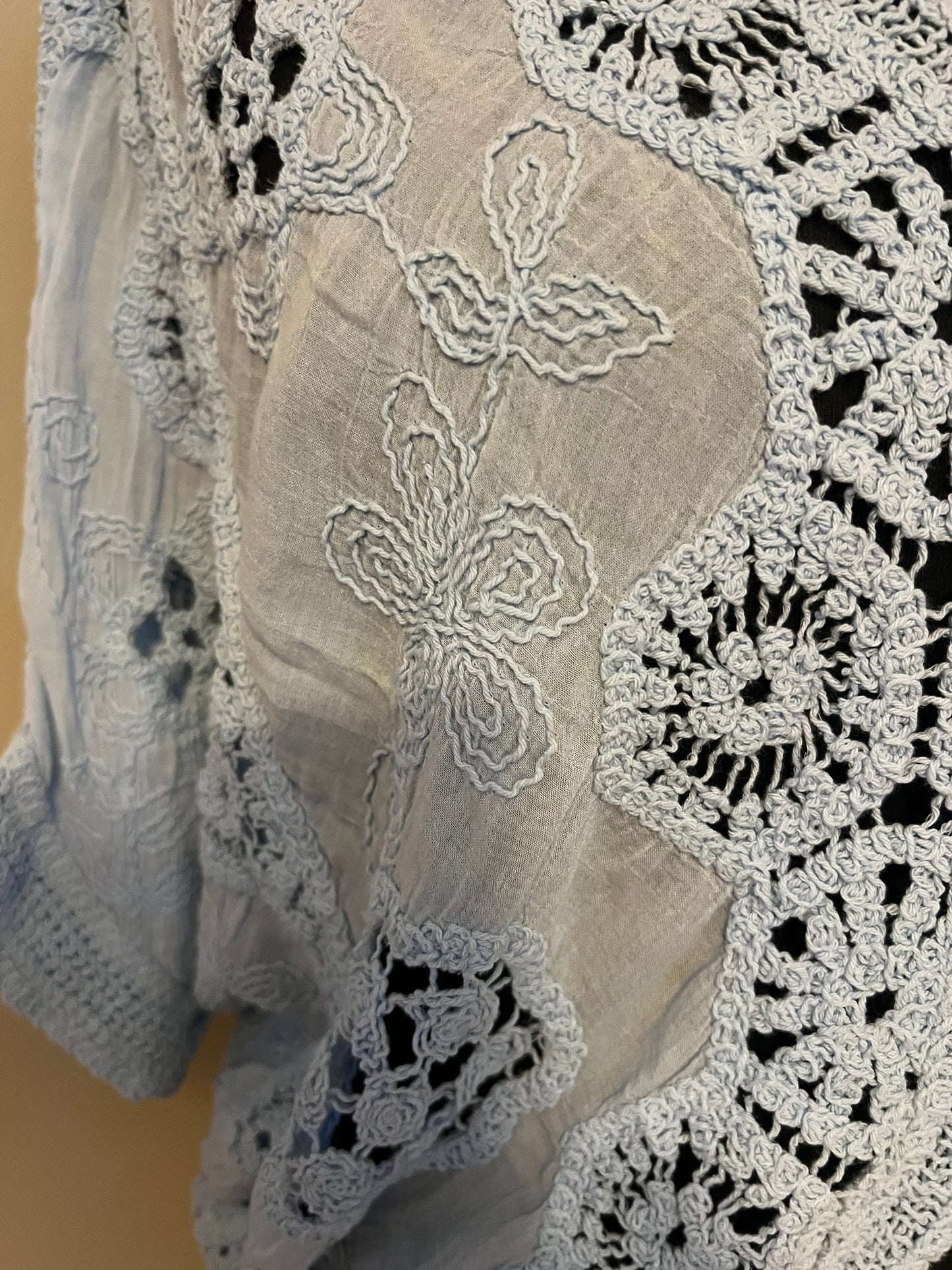 CROCHET/ EMBROIDERED BATWING CARDI PALE BLUE