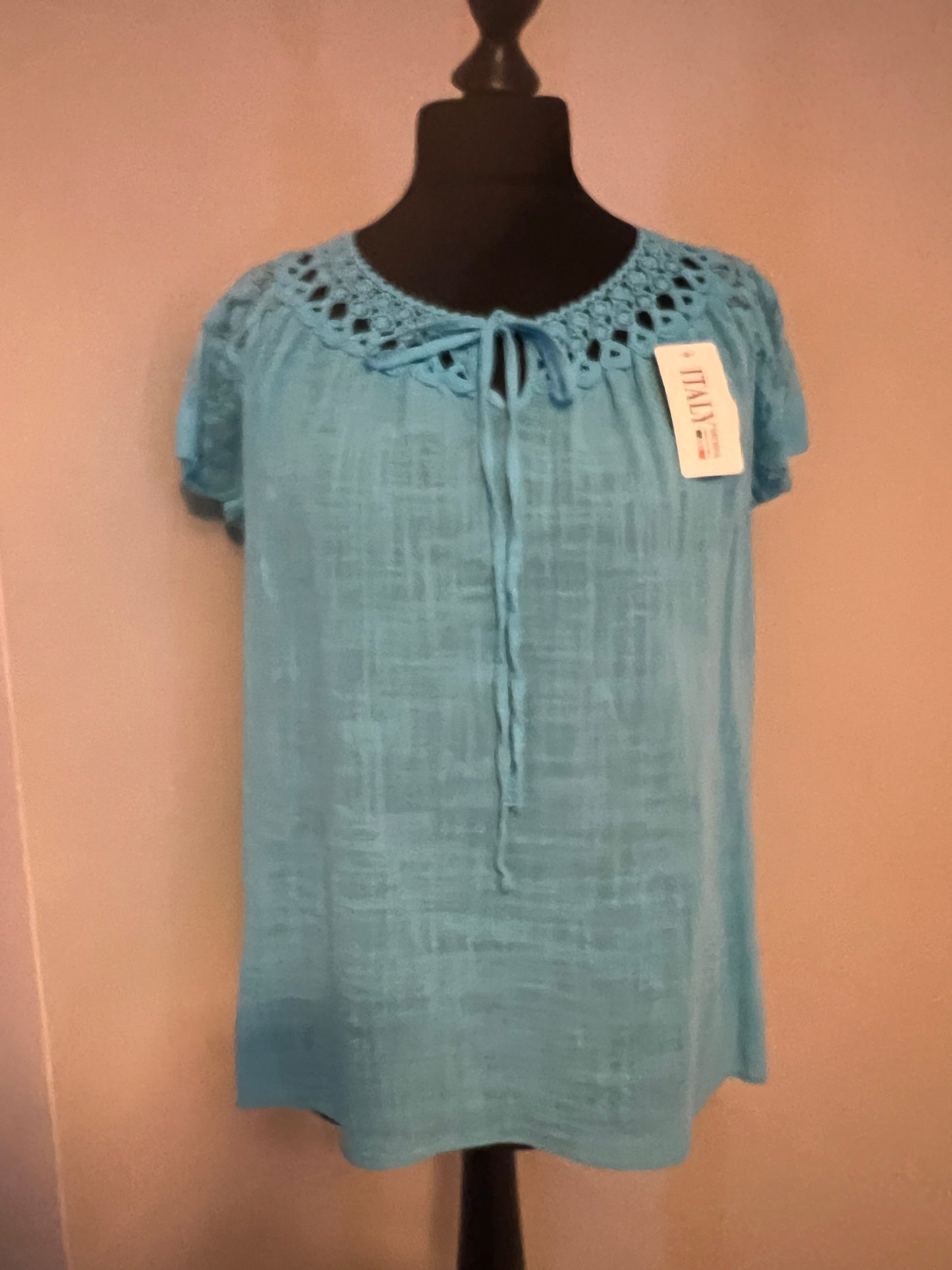 LACE SHORT SLEEVE COTTON TOP TURQUOISE
