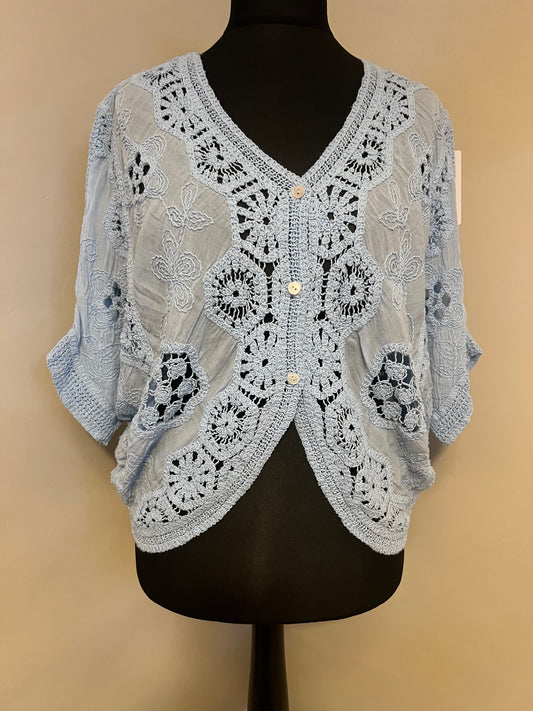CROCHET/ EMBROIDERED BATWING CARDI PALE BLUE