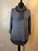 DOUBLE LAYER KNIT AND FLORAL SCARF DENIM BLUE