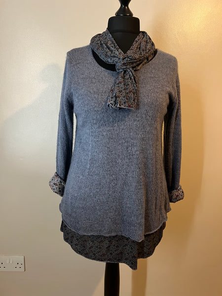 DOUBLE LAYER KNIT AND FLORAL SCARF DENIM BLUE