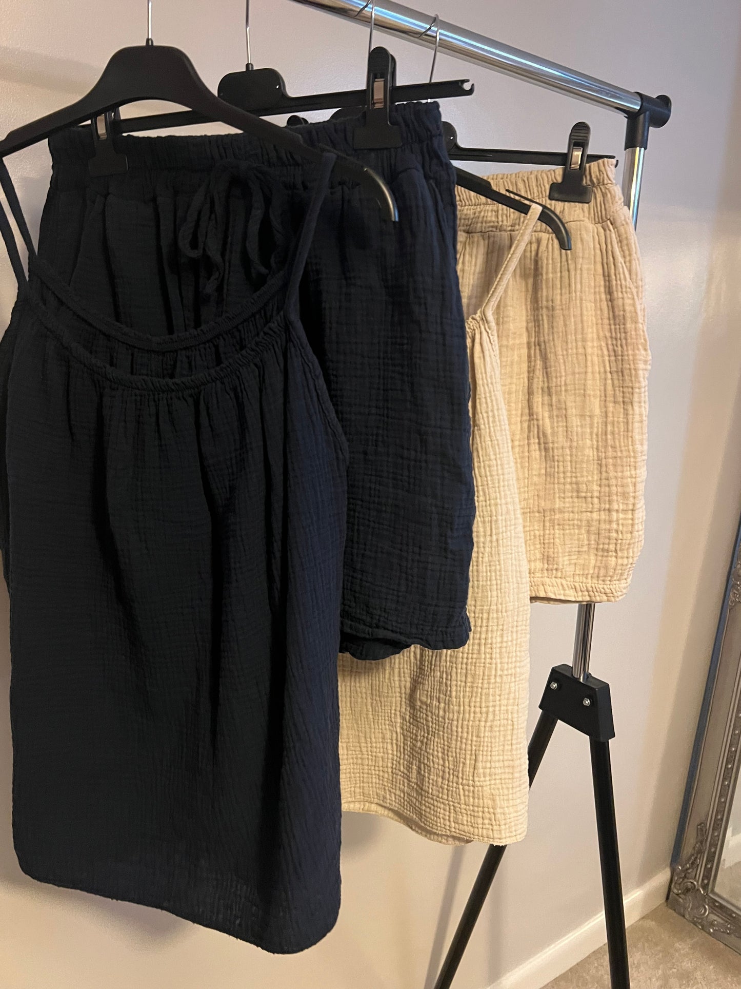 COTTON CHEESECLOTH SHORT/TOP CO-ORD MOCHA/NAVY