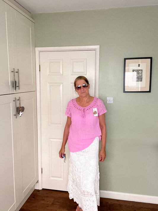 EMBROIDERED LACE AND CROCHET ECRU SKIRT
