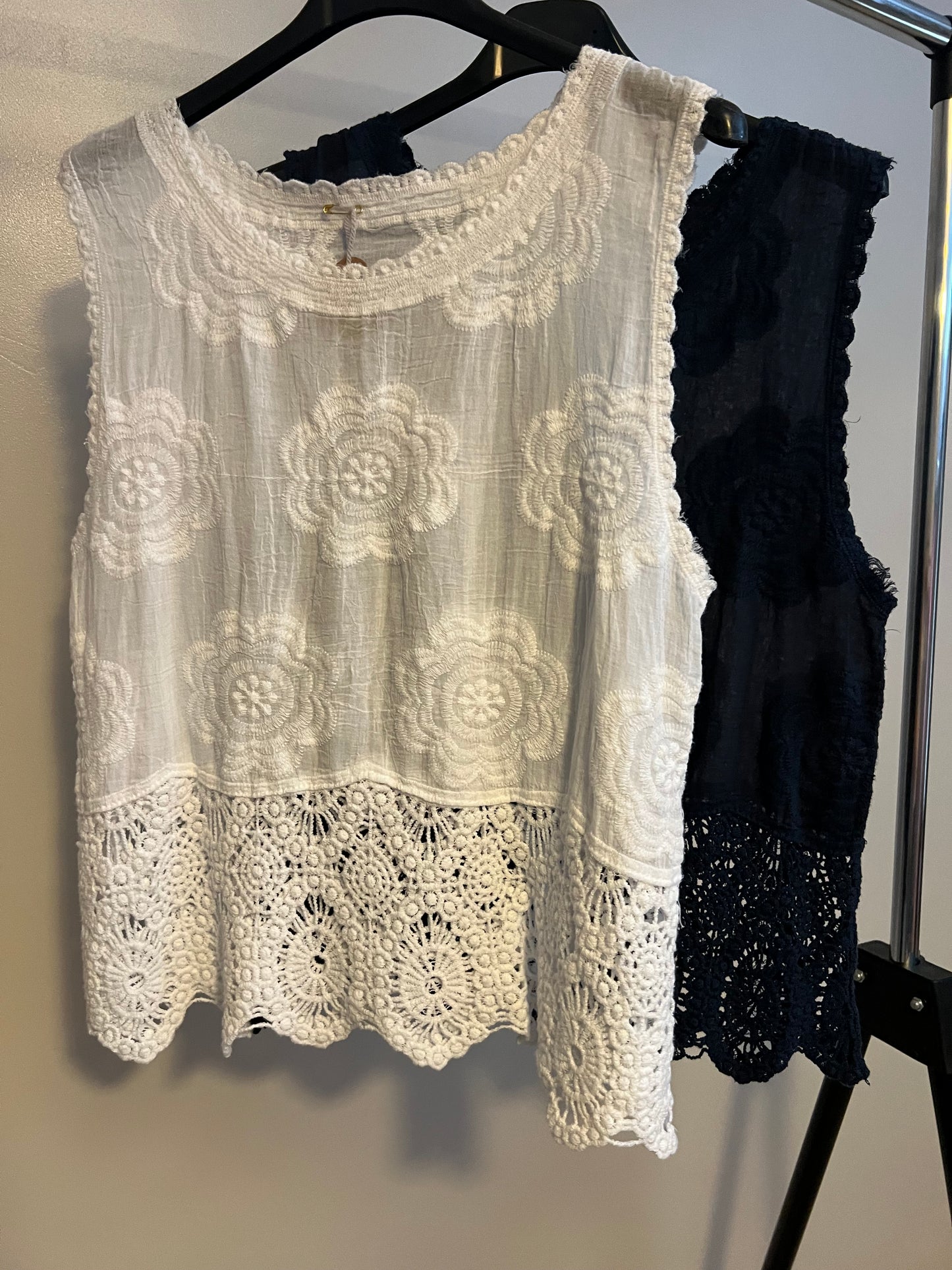 COTTON FLORAL EMBROIDERED/CROCHET VEST TOP (VARIOUS)