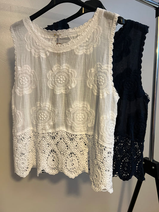 COTTON FLORAL EMBROIDERED/CROCHET VEST TOP (VARIOUS)