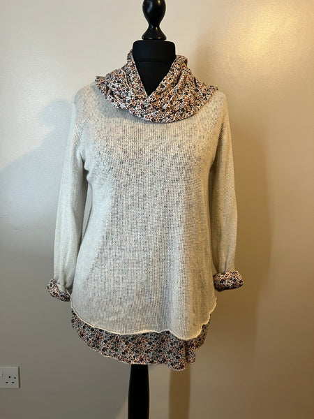 DOUBLE LAYER KNIT AND FLORAL SCARF CREAM