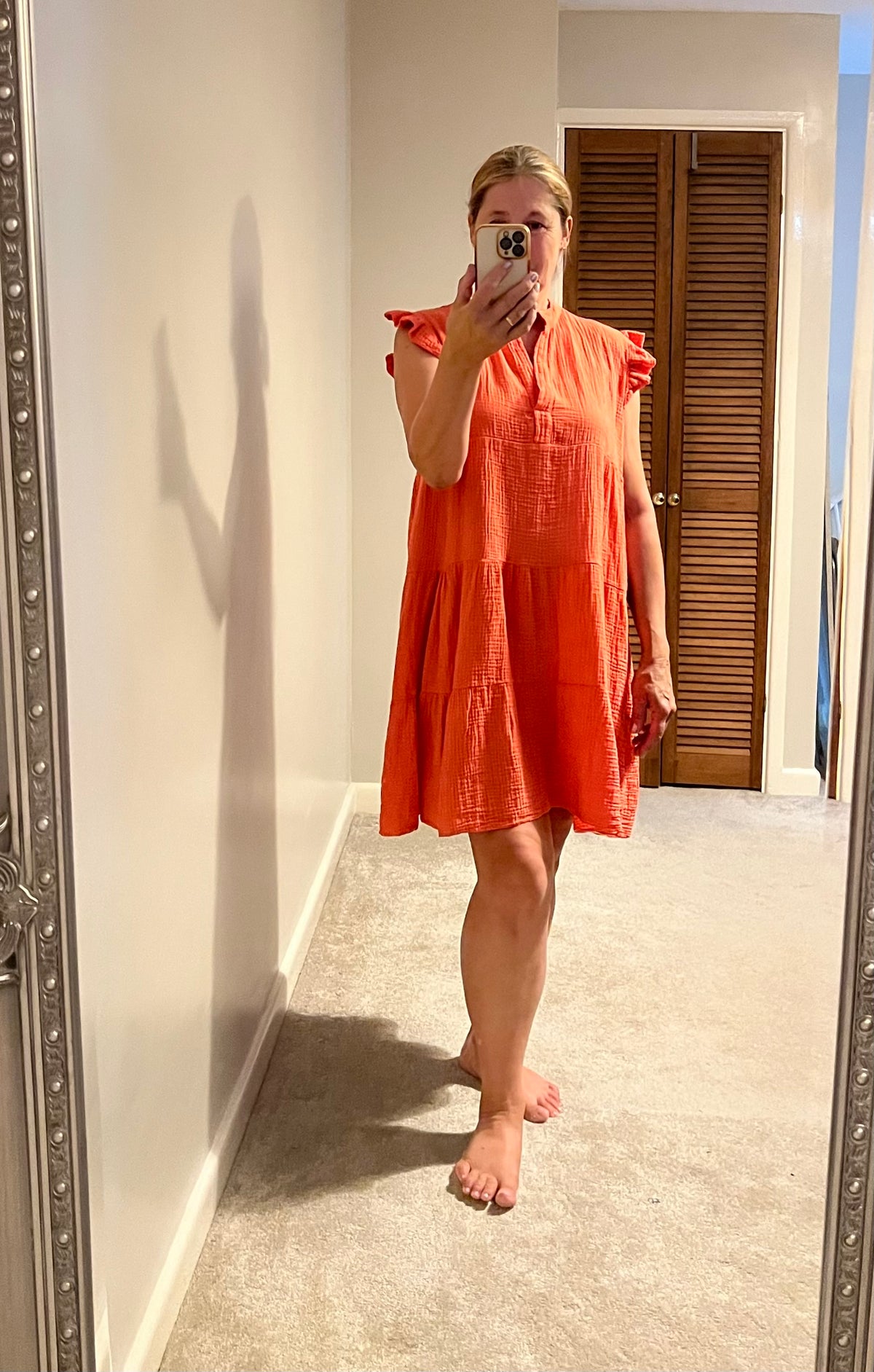 CHEESECLOTH FRILL SLEEVE DRESS CORAL/LIME