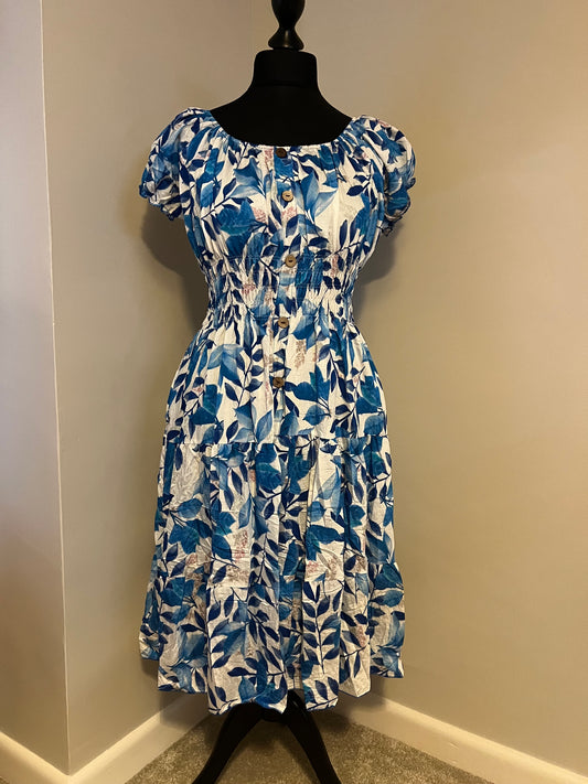 LEAF PRINT MIDI DRESS BLUE