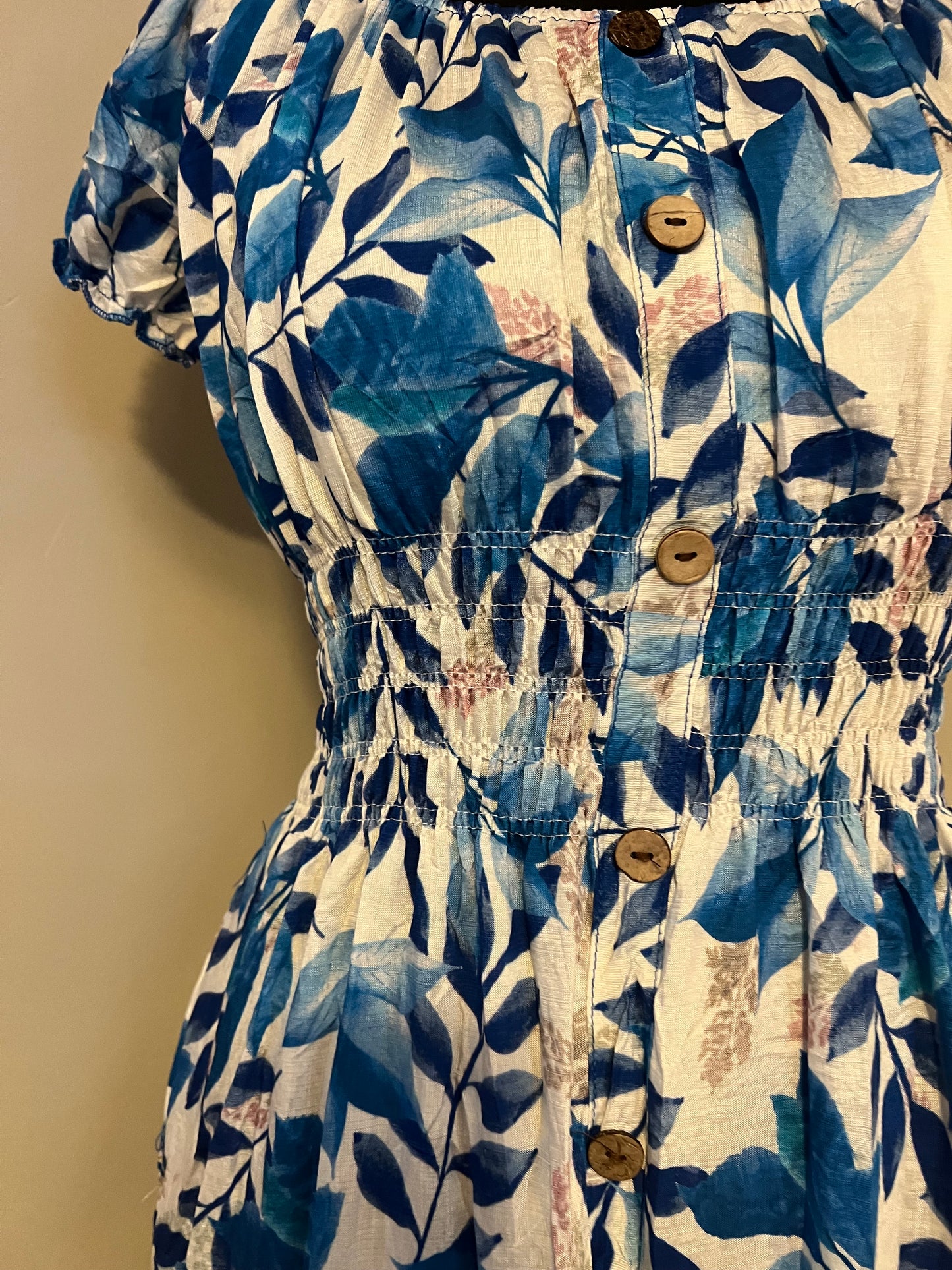LEAF PRINT MIDI DRESS BLUE
