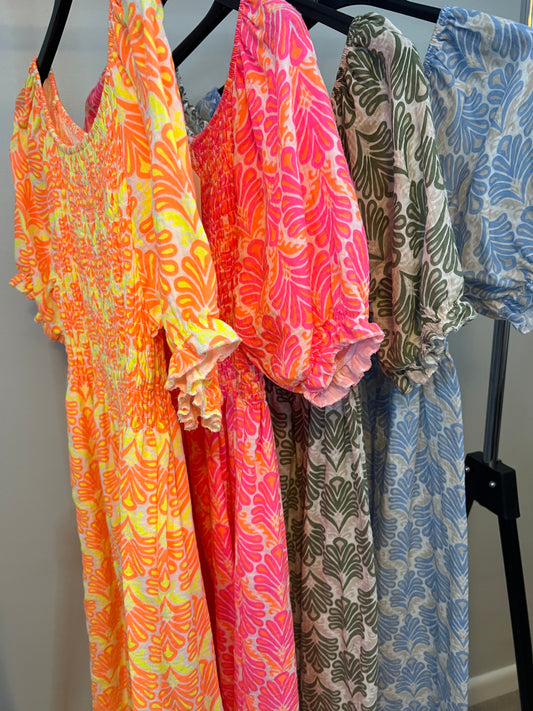 PALM LEAF SHIRRED DRESS VARIOUS COLOURS