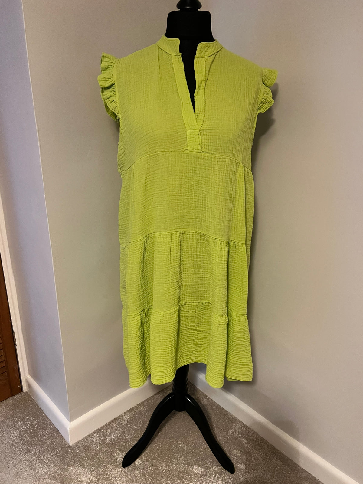 CHEESECLOTH FRILL SLEEVE DRESS CORAL/LIME