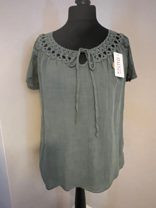 LACE SHORT SLEEVE COTTON TOP KHAKI