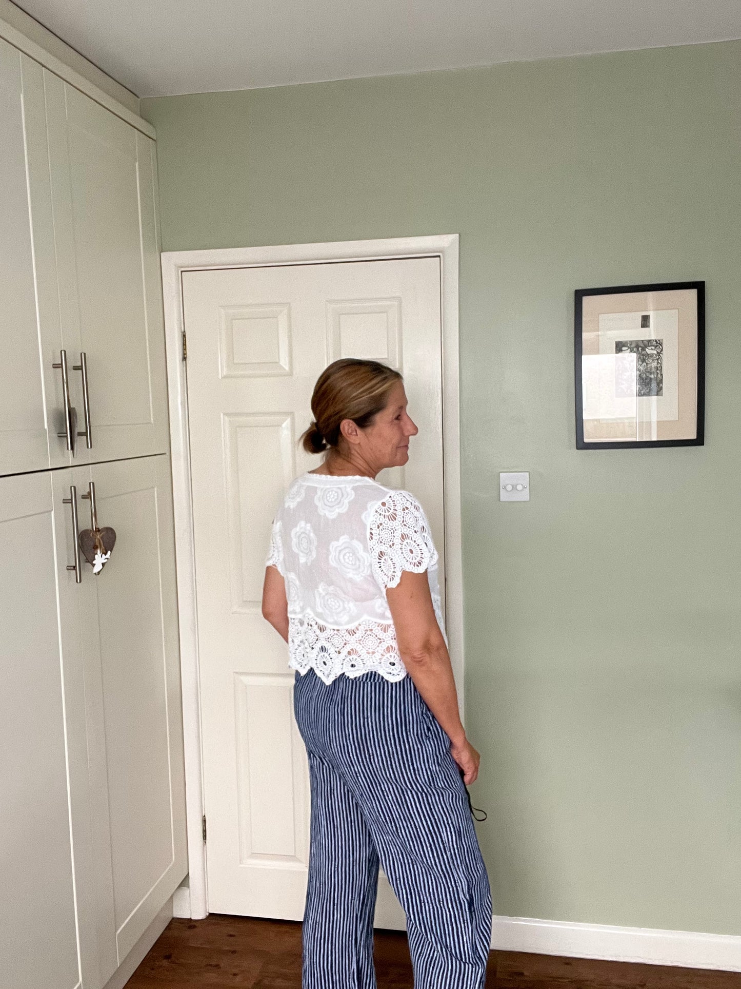 STRIPE WIDE LEG COTTON TROUSERS NAVY/KHAKI