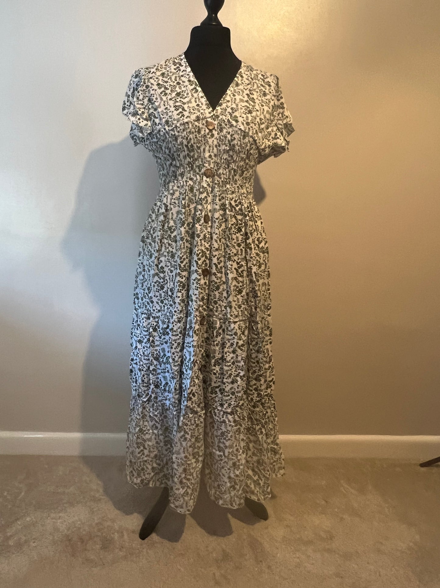 DITSY PRINT MAXI DRESS KHAKI/WHITE