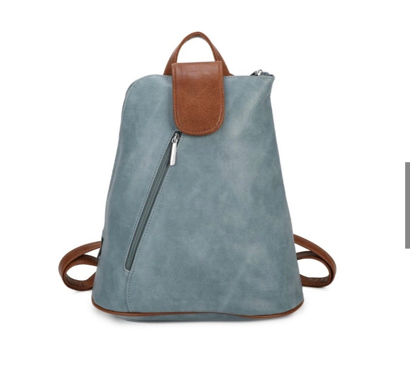 BACKPACK IN LIGHT BLUE AND TAN