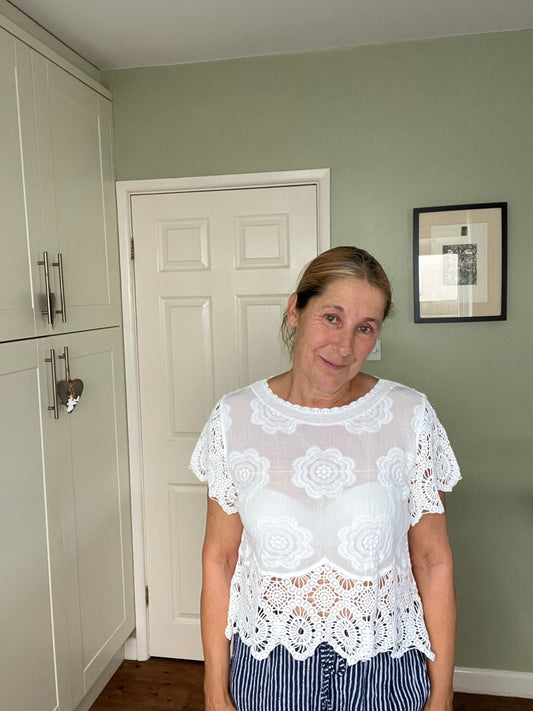 COTTON FLORAL EMBROIDERED/CROCHET TOP WHITE
