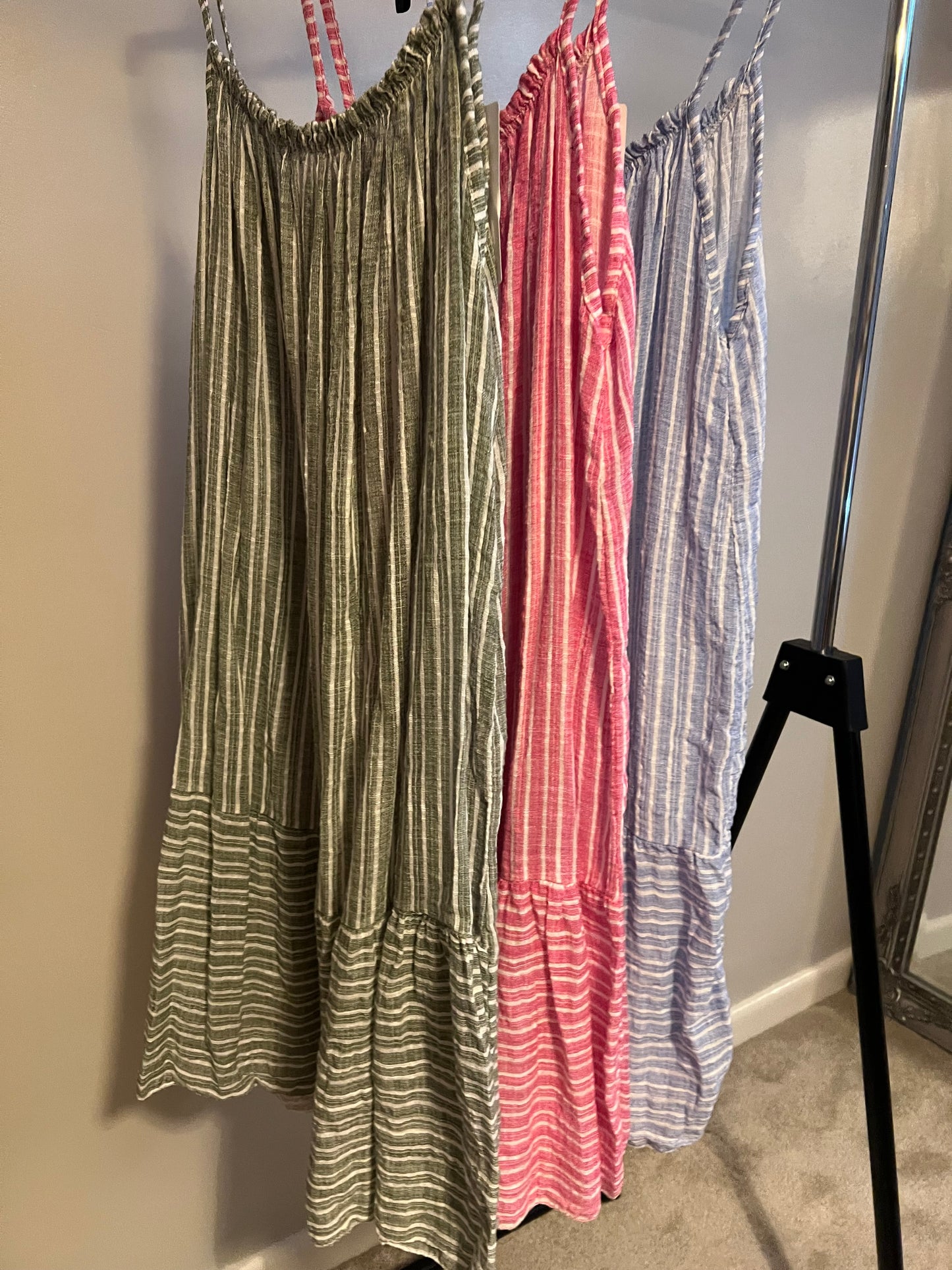 STRIPE MIDI DRESS PINK/KHAKI/BLUE
