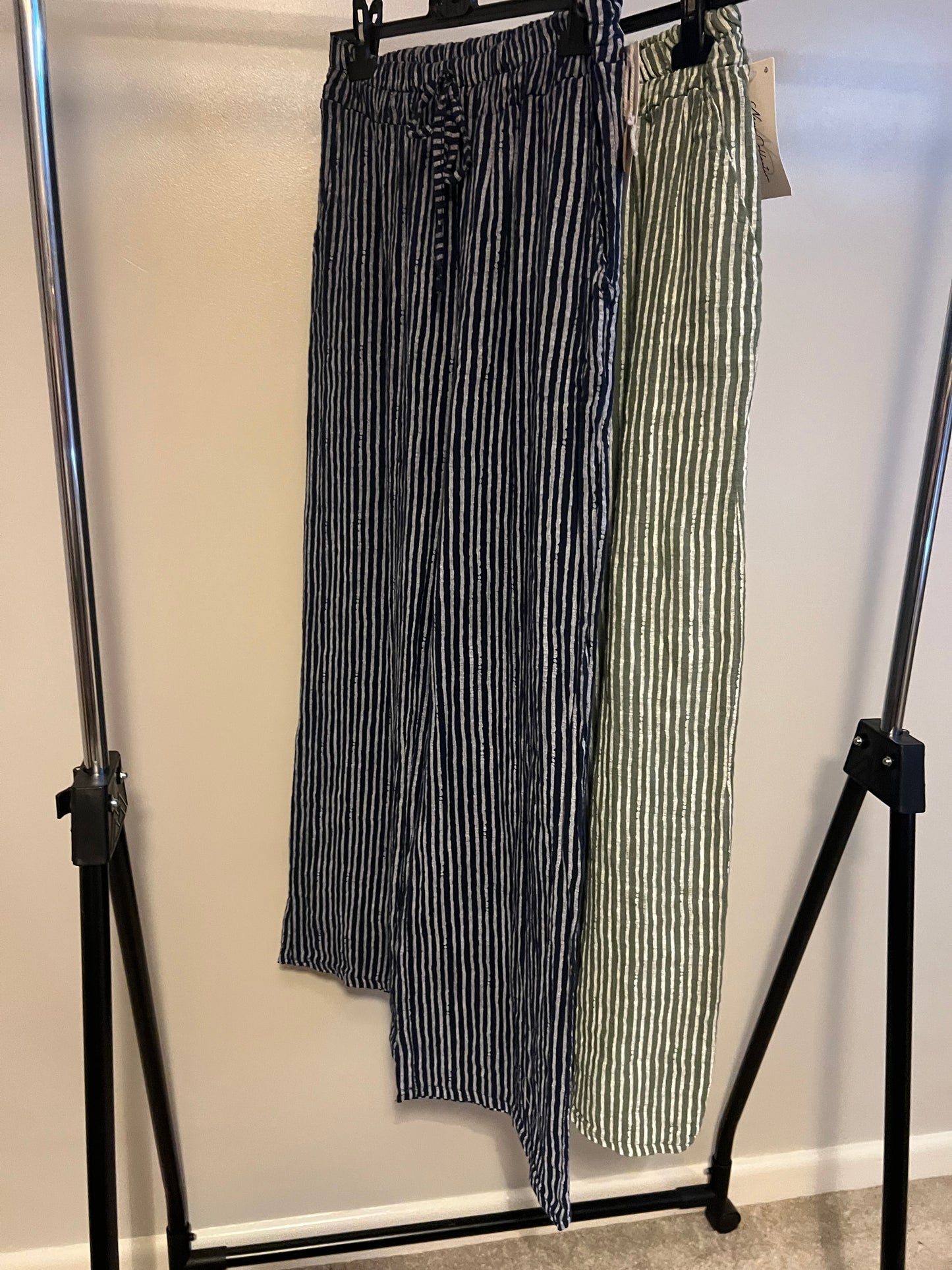 STRIPE WIDE LEG COTTON TROUSERS NAVY/KHAKI