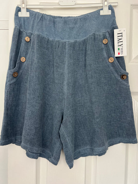 WASHED LINEN SHORTS DENIM BLUE