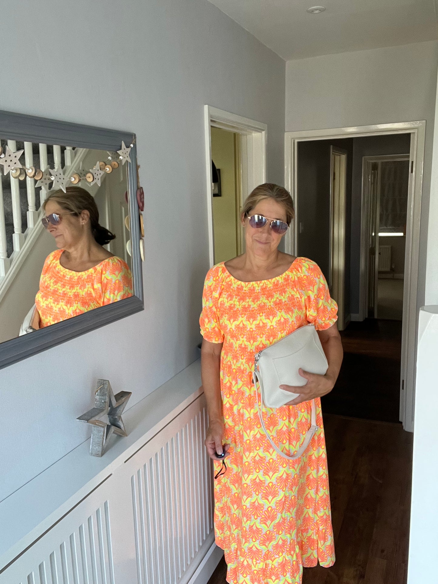 PALM LEAF SHIRRED DRESS PINK/ORANGE
