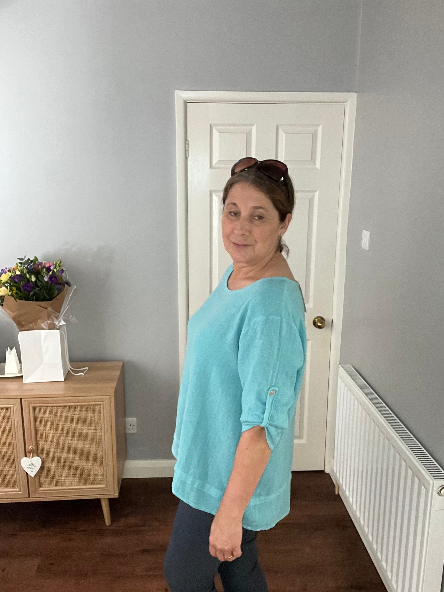 WASHED LINEN TOP TURQUOISE