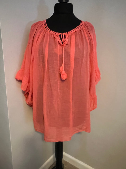 BOHO COTTON GYPSY TOP CORAL