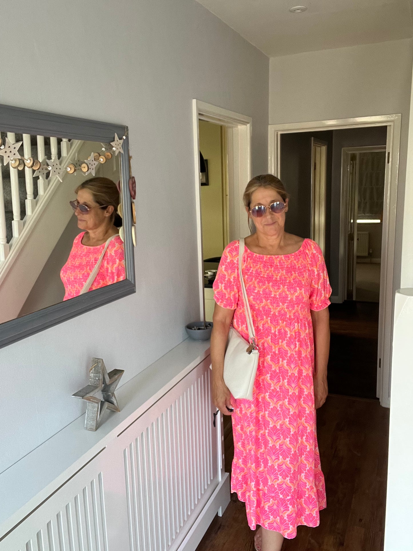 PALM LEAF SHIRRED DRESS PINK/ORANGE