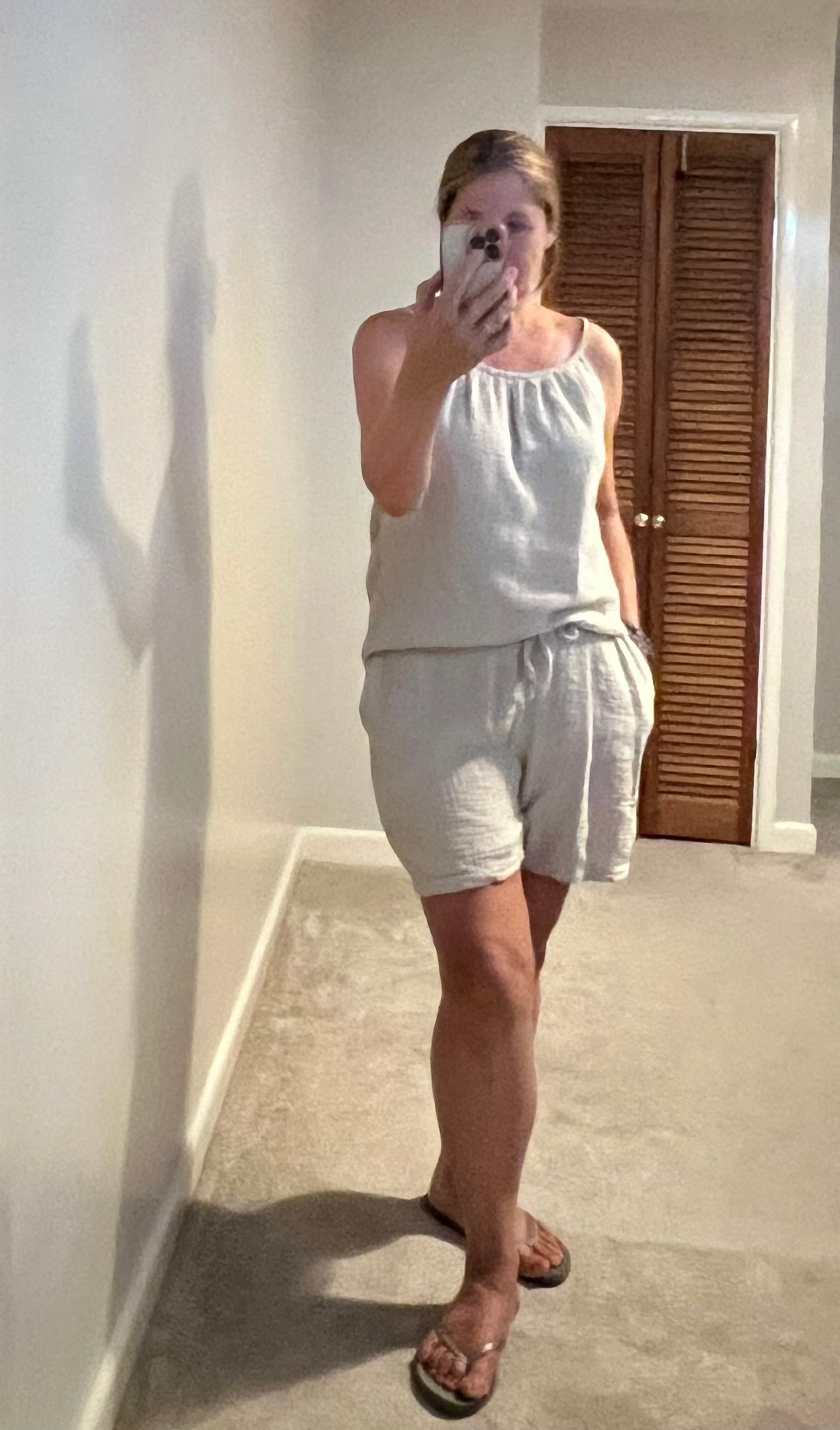 COTTON CHEESECLOTH SHORT/TOP CO-ORD MOCHA/NAVY