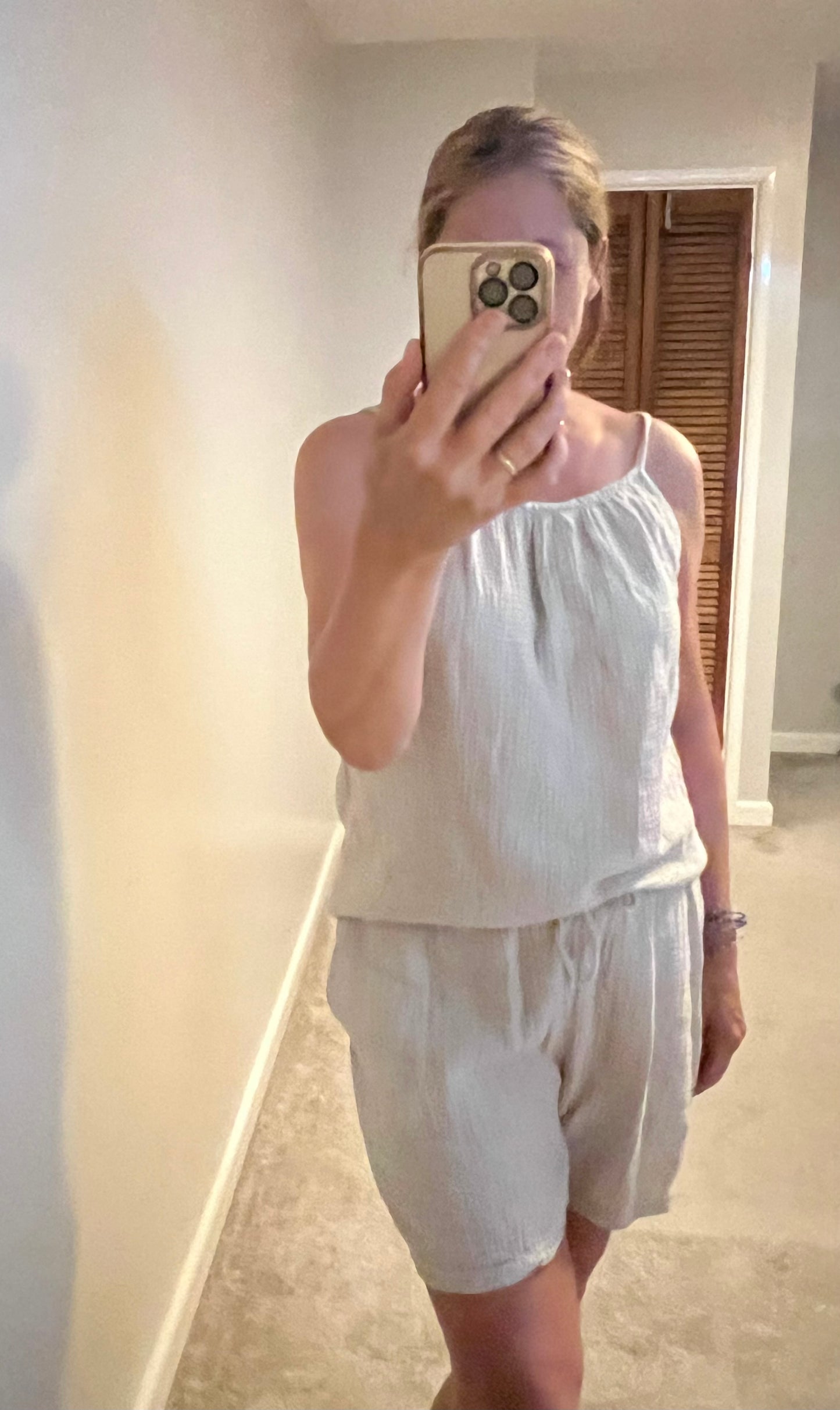 COTTON CHEESECLOTH SHORT/TOP CO-ORD MOCHA/NAVY