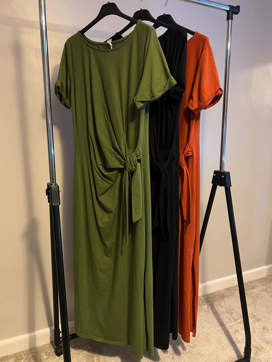 COTTON SIDE TIE JERSEY DRESS BLACK
