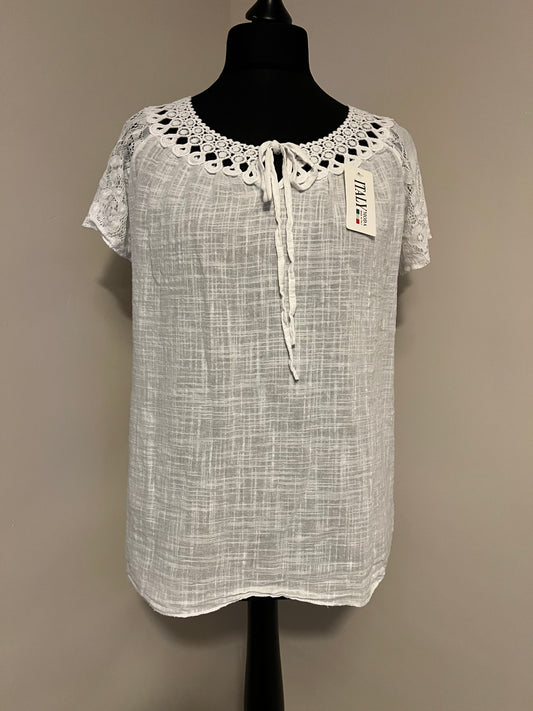 LACE SHORT SLEEVE COTTON TOP WHITE