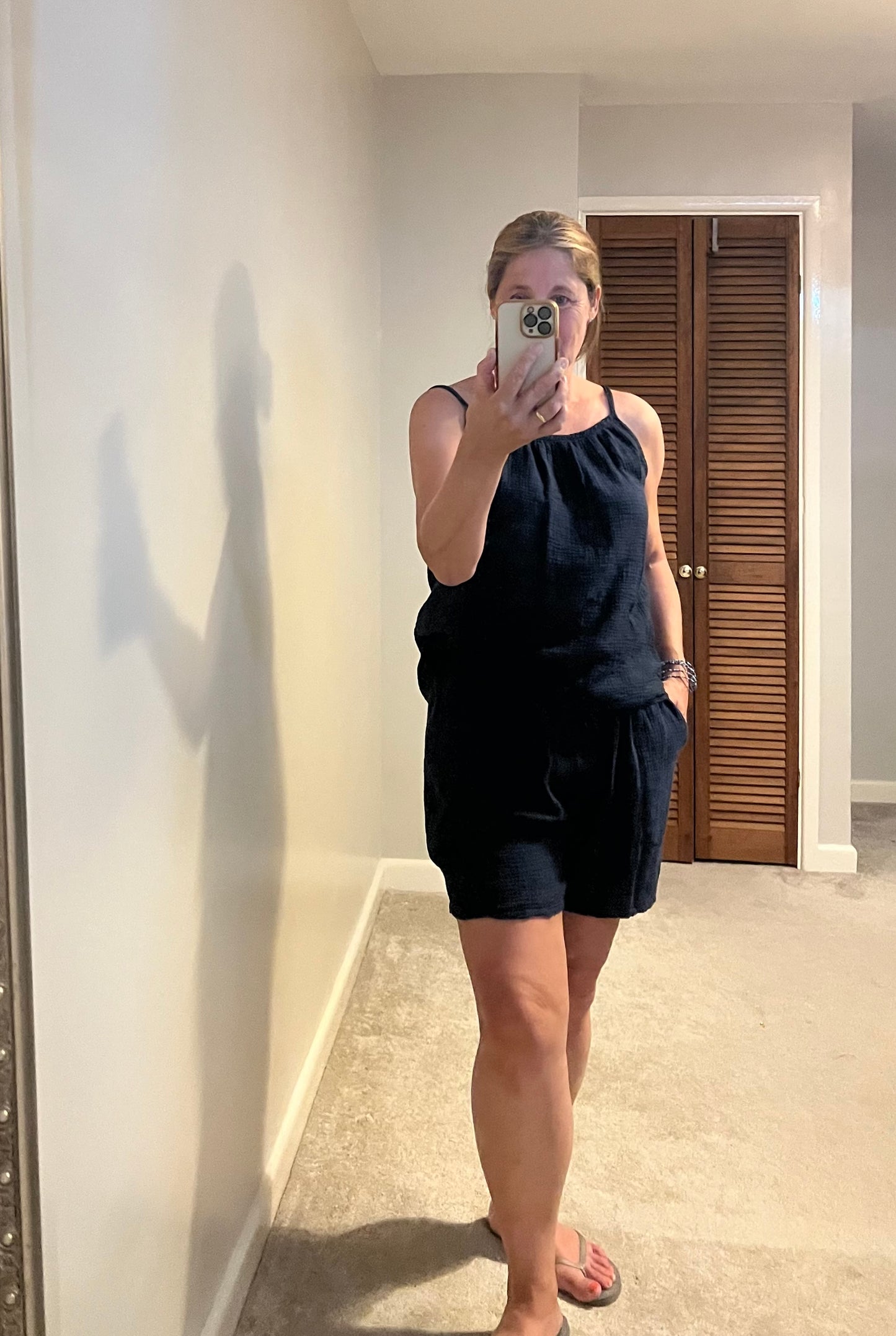 COTTON CHEESECLOTH SHORT/TOP CO-ORD MOCHA/NAVY